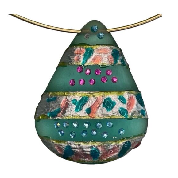 Vintage Statement Necklace Green Pink Gold Hand Painted Pendent Gold Tone Metal - Picture 2 of 4